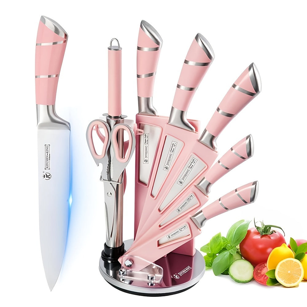 9pcs Kitchen Knives Set with Acrylic Stand Professional Chef, Bread, Cleaver, Paring, Utility Knife And Scissors Sharpener Peeler Stainless Steel Ultra Sharp Non-stick Ergonomic Handle for Cutting Meat Slicing Chopping Vegetable Pink