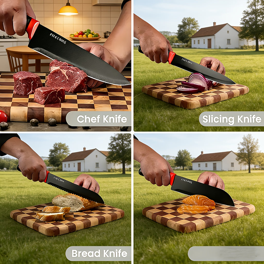 Five Cows 14pcs Knife Set with Sharpening Block Stainless Steel Kitchen Knives, Steak Knives, Chef Knife, Slicing Knife, Paring Knife, Non-Slip Handle, Dishwasher Safe, Built-In Sharpener, Multiple Color Options, Christmas Gift