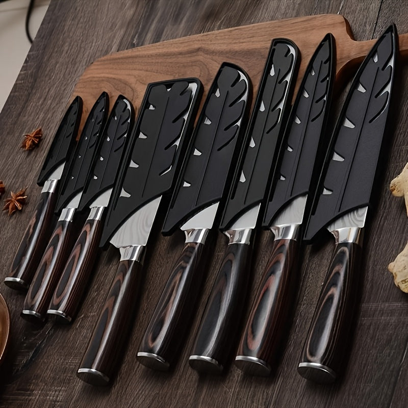 A Set of Five Premium Kitchen Knives Made from High Carbon Stainless Steel, Featuring a Chef Knife Holder with an Integrated Sharpener. This Collection Includes Sharp Chef Knives, Serrated Bread Knives, Kitchen Scissors, And Fruit Knives