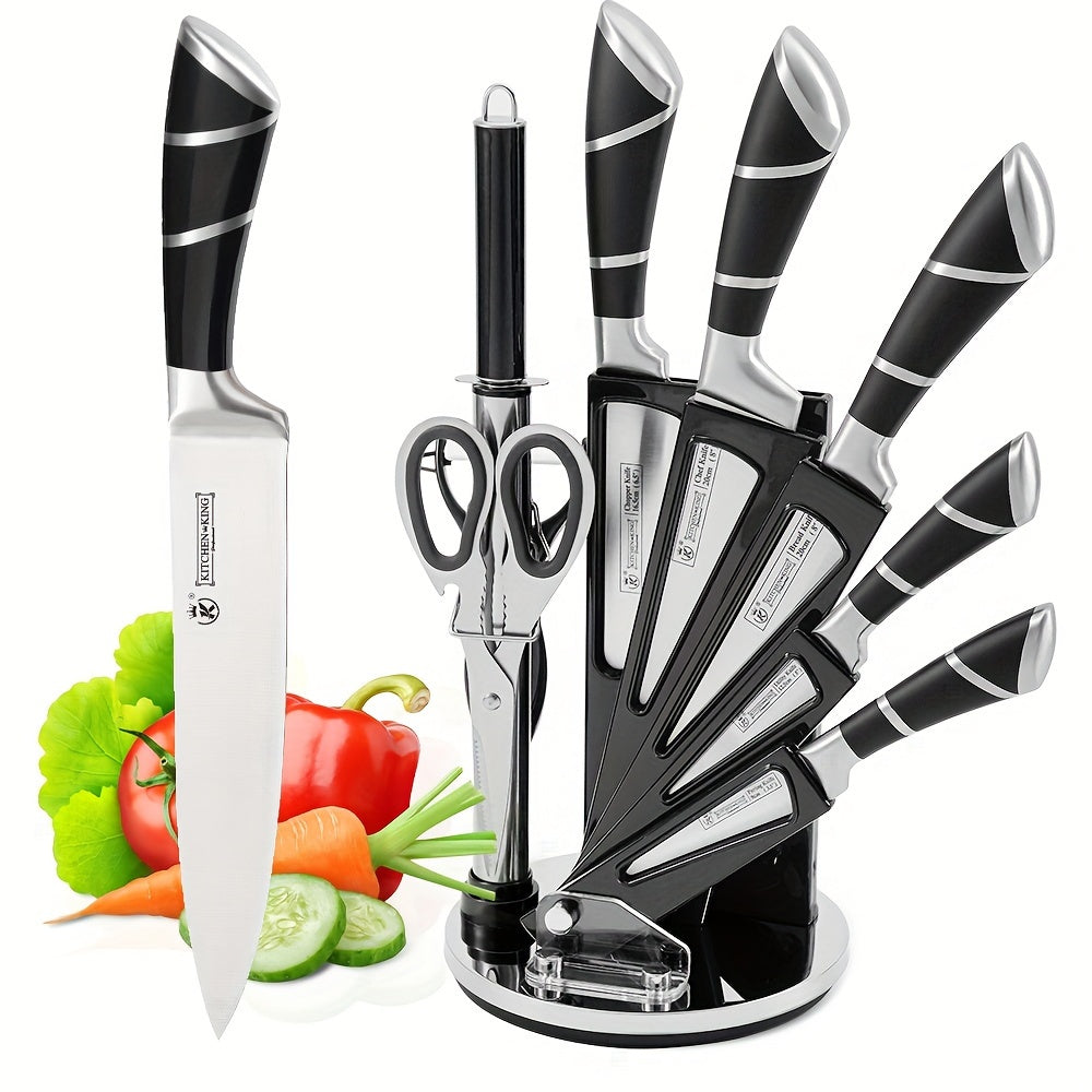 9pcs Kitchen Knives Set with Acrylic Stand Professional Chef, Bread, Cleaver, Paring, Utility Knife And Scissors Sharpener Peeler Stainless Steel Ultra Sharp Non-stick Ergonomic Handle for Cutting Meat Slicing Chopping Vegetable Pink